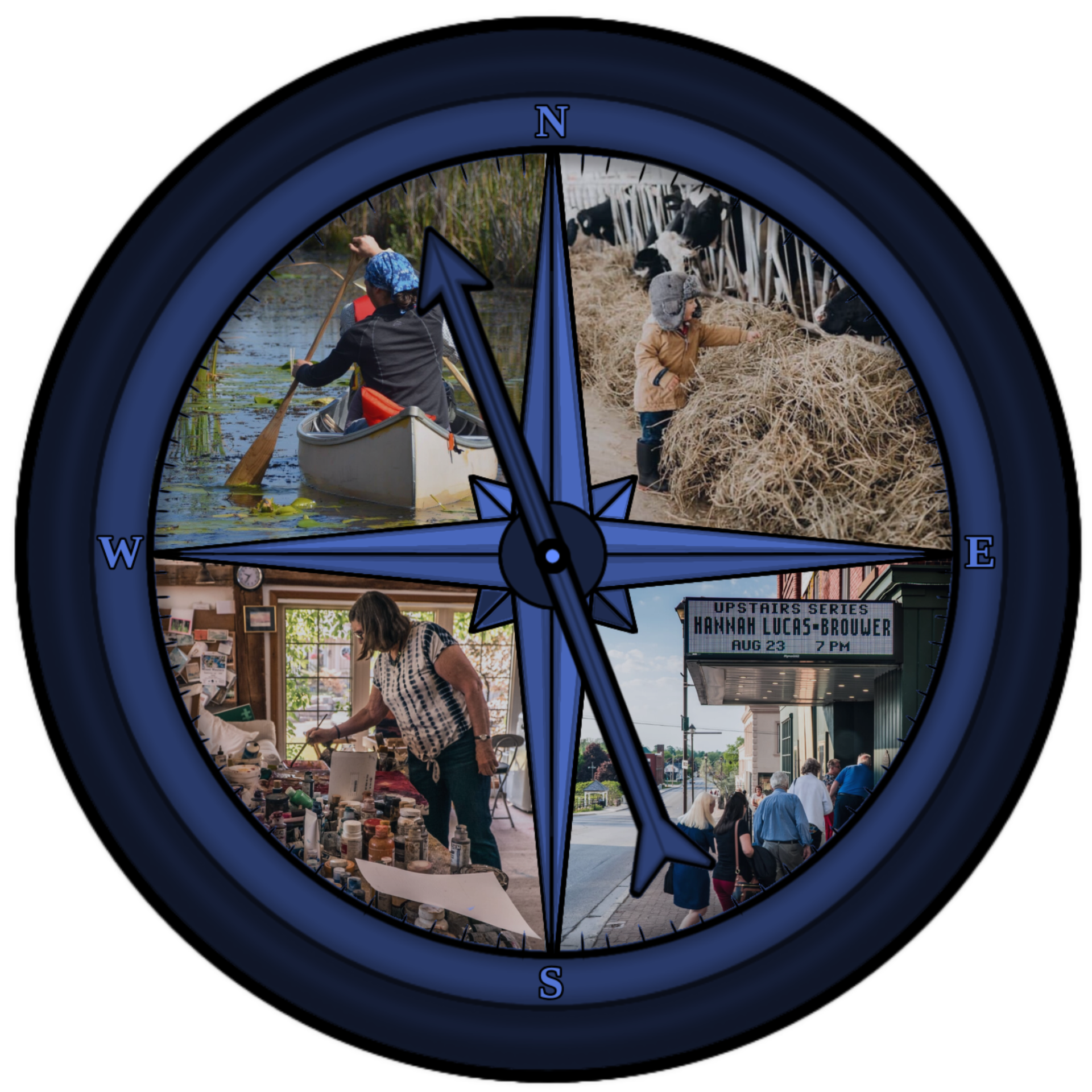 A blue compass with a collage of four cultural images: top left image is of people canoeing; top right image is of a child feeding cows; bottom left is of a local artist surrounded by paint; and the bottom right corner is of a group a people entering a th