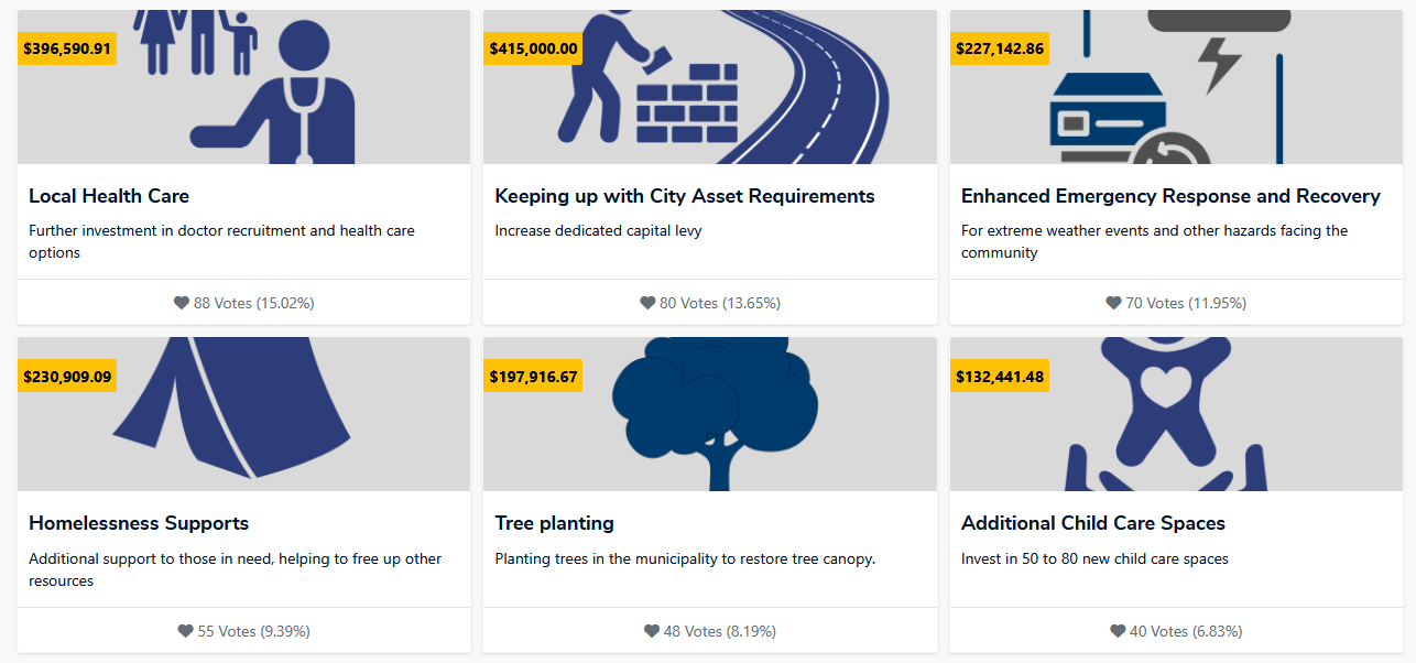 Icons of top 6 projects: Local Health Care Infrastructure Levy Enhanced emergencyresponse Homelessness Supports Tree Planting Child Care