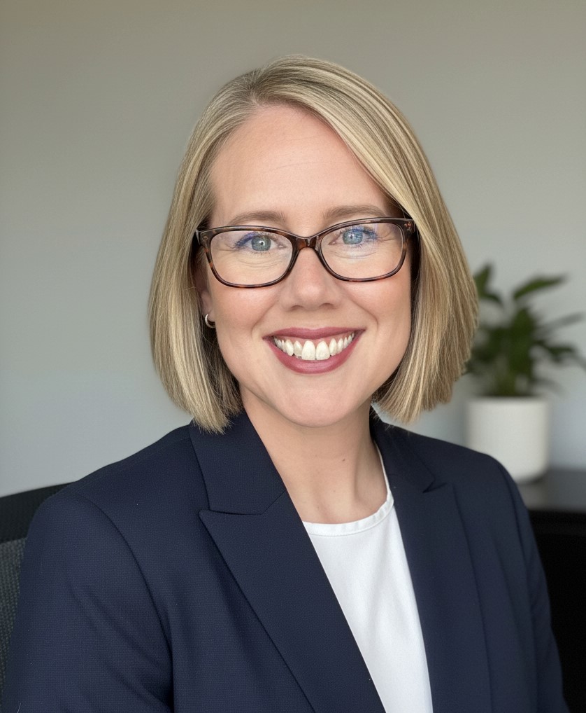 Woman with shoulder length blonde hair and glasses